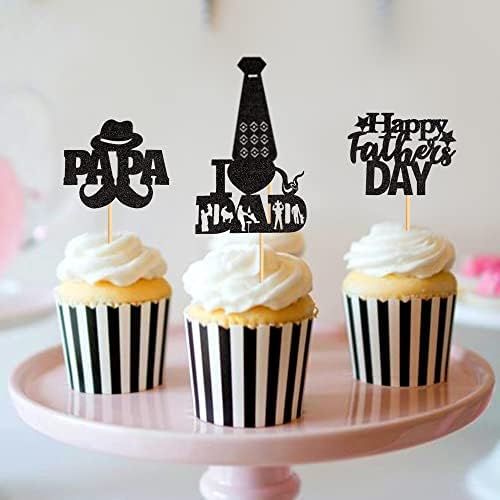 Ercadio 24Pcs Glitter Black Happy Father’s Day Cupcake Toppers I Love Dad Cupcake Picks Moustache Hat Papa Cupcake Decors for Dad Birthday Office Father’s Day Party Supplies