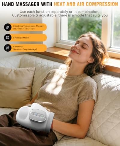 Hand Massager with Heat and Compression: 2026 New Cordless Electric Hand Massage for Arthritis Carpal Tunnel, 3 Massage 4 Temperatures 5 Compression Wrist Finger Massager, Gifts for Women Men, Grey