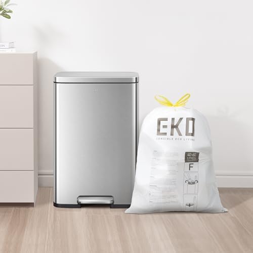 EKO 13 Gallon / 40-60 Liter, 60 Count Drawstring Trash Bags, Extra-Strong Unscented Garbage Bags, Easy-Dispense Roll for Kitchen & Household Use, Leak-Resistant, Code F, White