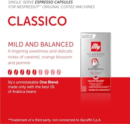 Illy Espresso Compatible Capsules - Single-Serve Coffee Capsules & Pods - Classico Roast - Notes Of Caramel, Orange Blossom & Jasmine Coffee Pods - For Nespresso Coffee Machines – 10 Count