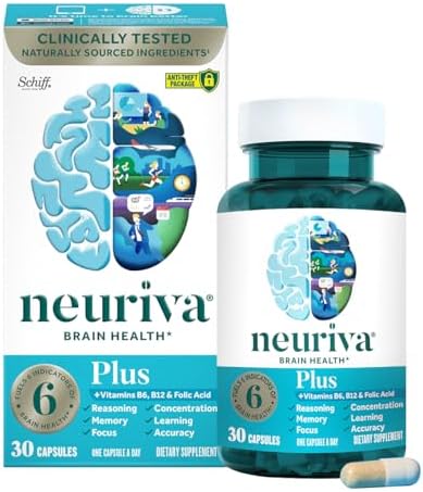 NEURIVA Plus Brain Supplement for Memory and Focus Clinically Tested Nootropics for Concentration for Mental Clarity, Cognitive Enhancement Vitamins B6, B12, Phosphatidylserine 30 Capsules
