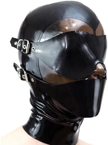 Latex Mask Rubber Hood with Detachable Blindfold and Mouthfold,Handmade Back Zipper for Latex Lovers