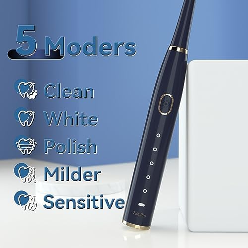 7AM2M Sonic Electric Toothbrush for Adults and Kids- High Power Rechargeable Toothbrushes with 8 Brush Heads,5 Adjustable Modes, Built-in 2-Minute Smart Timer,4 Hours Fast Charge for 30 Days(Navy)