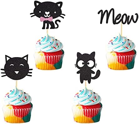 24Pcs Cat Cupcake Toppers Kitten & Meow Cupcake Food Picks - Cat Lover Kitten Theme Baby Shower Kids Birthday Wedding Party Cake Decorations Supplies - Black Glitter