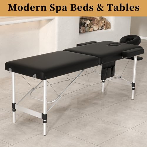 civama Massage Table Massage Bed Portable, 26 LBs Light Weight 2 Section Foldable Tattoo Bed Facial Care Spa Lash Bed Height Adjustable Sturdy Aluminum Frame with Accessories Carrying Bag, Black