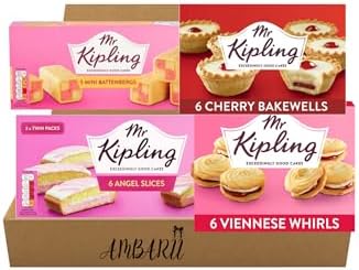 AMBARII Mr Kipling Variety Pack, 4 Pack, Mini Batternberg, Cherry Bakewell, Angel Cake, Viennese Whirls, Cake Variety Pack