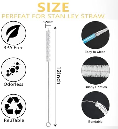 LEDUO Straw Cleaner Brush for Stanley - 12 PCS | Reusable Drinking Straw Brushes - Extra Long 12 inch, Extra Wide 12mm Diam Pipe Tube Cleaning Brush for 40 oz 30 oz 20 oz 64 oz Stanley Tumbler Mug