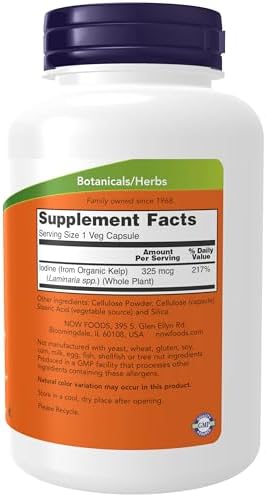 NOW Supplements, Kelp 325 mcg of Natural Iodine, Supports Healthy Thyroid Function*, Super Green, 250 Veg Capsules