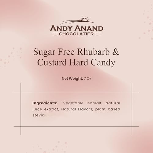 ANDY ANAND CHOCOLATIER Sugar Free Rhubarb & Custard Hard Candy Boiled in Copper Kettle for that unique taste, Flown from Europe 25 Pieces - Sugar & Aspartame Free - Naturally Flavored & Sweetened - Non-GMO, Gluten Free, Keto & Diabetic Friendly