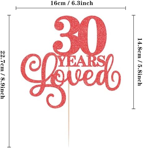 30 Years Loved Cake Topper - Red Glitter 30th Birthday & Anniversary Cake Decoration for Women Men Party Supplies, Photo Booth Props