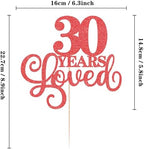 30 Years Loved Cake Topper - Red Glitter 30th Birthday & Anniversary Cake Decoration for Women Men Party Supplies, Photo Booth Props