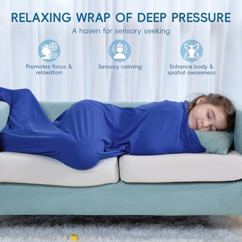 OUTREE Sensory Sock for Kids 6-9 Years, Medium, 43''×27.5'', Good for Height:43'' - 51'', Body Sock Helps Kids Relax and Focus, Sensory Toys for Autistic Children with Carrying Bag, Blue