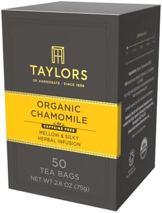 Taylors of Harrogate Organic Chamomile, Herbal Tea, Pillow Tea Bags, 50 Count (Pack of 6), Mellow, Silky & Soft, Caffeine-Free, Enjoy Hot or Iced, 300 Teabags Total