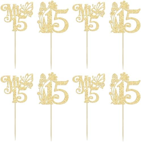 Ephlyn 24Pcs Mis 15 Cupcake Toppers Glitter Mis Quince 15 Feliz 15 Años Cupcake Picks Hello 15 Fabulous Cupcake Decorations for Cheers to 15 Happy 15th Birthday Party Cake Decorations Gold