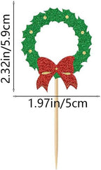 24Pcs Christmas Wreath Cupcake Toppers Glitter Red Green Christmas Garland Cupcake Picks for New Year Baby Shower Birthday Party Decoration