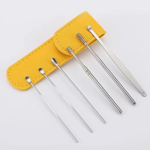 Ear Care Tool Kit, 6 Piece Stainless Steel Earpick Set with Yellow Leather Case, Ear Wax Removal Cleaner Spoon for Baby and Adults
