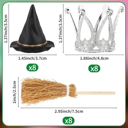 Hooqict 24PCS Mini Witch Hat with Broom and Silver Crown Cupcake Toppers Birthday Cake Topper Decorations for Girls Women Pink and Green Witch Princess Party Decorations Supplies