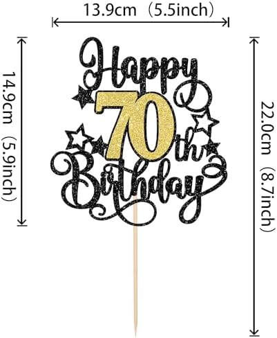 1 PCS Happy 70th Birthday Cake Topper Black Gold Glitter Cheers to 70 Years Birthday Cake Pick Hello 70 Fabulous Cake Decoration for Happy 70th Birthday Anniversary Party Decorations Supplies