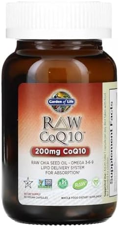 Garden of Life CoQ10 200mg, Vegetarian Omega 3 6 9 Supplement Raw Co Q 10 Chia Seed Oil, Whole Food Nutrition with Antioxidant Support, Coenzyme q10 Supplement for Heart Health, 60 Capsules