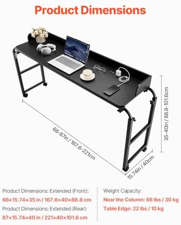 VEVOR Overbed Table, Mobile Bed Side Table with 4 Wheels (2 with Brakes) and Power Socket, Height Adjustable Rolling Laptop Desk, Portable Particleboard Over Bed Desk for Home, Office, Study, Black
