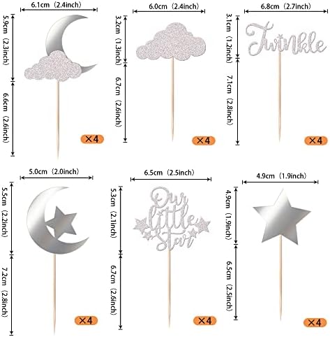 24 Pack Little Star Cupcake Toppers Glitter Moon Cloud Cupcake Picks Twinkle Star Baby Shower Kids Birthday Wedding Party Cake Decorations Supplies Silver