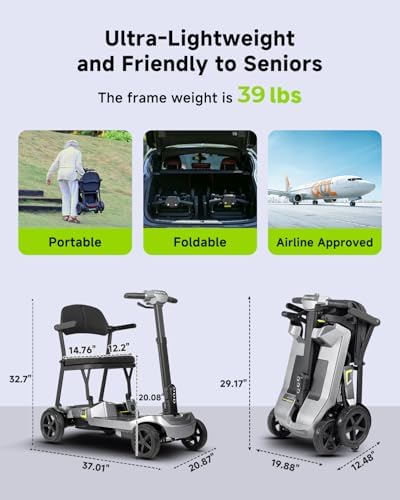 SCOOTNGO Mobility Scooters for Seniors & Adults 4 Wheel Travel Mobility Scooter Airline Approved with Two Batteries, Lightweight, Foldable, No Assembly Needed (Silver Grey, Dual Batteries)