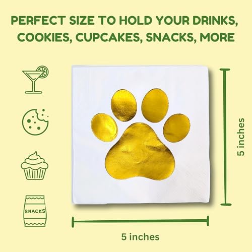 Dog Party Decorations, Paw Print Napkins, 50 Pack, Puppy Birthday Supplies, Pet Paper Cocktail Napkin, Animal Themed Gold Foil Decor