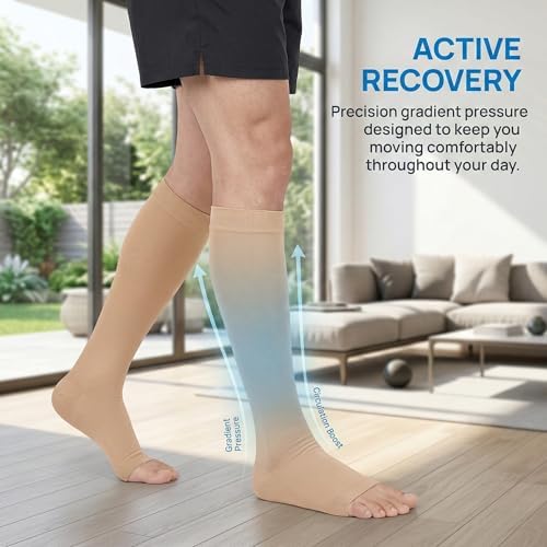 MGANG Medical Grade Compression Socks for Women & Men - 20-30 mmHg Graduated Stockings for Pregnancy, Nurses, Running, Travel - Relief from Swelling, Varicose Veins, Fatigue, Beige 2XL
