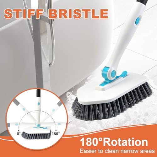 Long Handled Scrub Brush for Shower,3-in-1 Cleaning Brushes with 3 Different Function Cleaning Heads Brush for Shower Cleaning Bathroom Kitchen Walls Tub Tile (White)