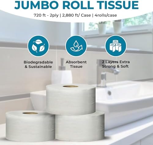 Concession Essentials Jumbo Roll Toilet Paper, 2-Ply, White, Non-Perforated, 720 ft Rolls, 4 Count