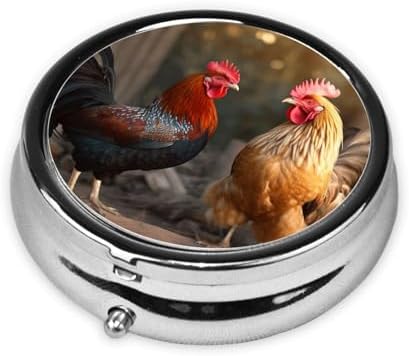Rooster and Chicken Pill Box 3 Compartment Metal Pill Case Portable Travel Pill Organizer for Pocket or Purse Decorative Round Medicine Box Vitamin Container Unique Gift