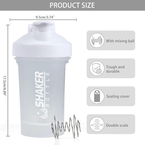 Shaker Bottle,400ml Small Protein Shaker Bottle with Mixing Ball, Portable 14oz GYM Shakes Cup for Workout,BPA free, 100% Leak Proof,Dishwasher Safe（White）