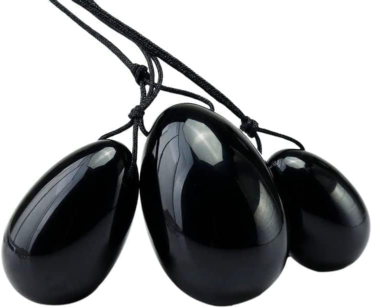3 in 1 Set Yo-ni Massage Eggs Stone, Genuine Natural Jade Massage Ball Stone for Women Body Massage Muscle Training, Crystal Massage Stones Relax Exercise (Black (Black Obsidian))