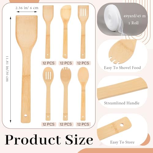 Reallnaive 72 Pcs Bamboo Spatula Wooden Kitchen Utensil Bulk 12''wood Spoon Spatula for Cooking with Ribbon Bridal Baby Shower Game Prize Wedding Party Favors Housewarming Gift (Various Style)