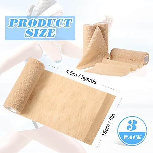 Nuanchu 3 Pcs Self Adhesive Cohesive Wrap Bandages 6 Inches x 5 Yards Non Woven Athletic Tape Breathable Self Adherent Bandage Wrap Elastic Sports Gauze Rolls Tape for Wrists, Knee, Ankle(Beige)