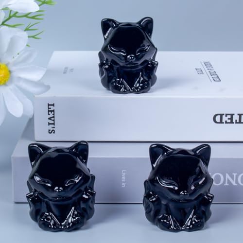 Black Obsidian Nine Tailed Fox Decor,2 Inch Healing Crystals Fox Statue,Lucky Guardian Pocket Fox Figurines as Women’s Gifts,Fox Figurine for Office Home Decor and Ornament.