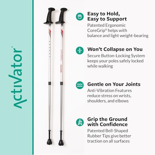 Urban Poling ACTIVATOR® Walking Poles for Balance and Rehabilitation – 1 Pair – Ergonomic CoreGrip™ Handles – Adjustable, Collapsible, and Lightweight for Stability and Recovery in Silver/Red