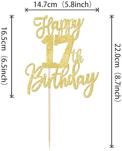 1 PCS Happy 17th Birthday Cake Topper Glitter Cheers to 17 Years Birthday Cake Pick Seventeen Hello 17 Cake Decoration for Happy 17th Birthday Anniversary Theme Party Decorations Supplies Gold