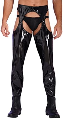 ACSUSS Mens Wet Look Leather Pants Tight Trousers Cutout Skinny Long Legging Pants Clubwear