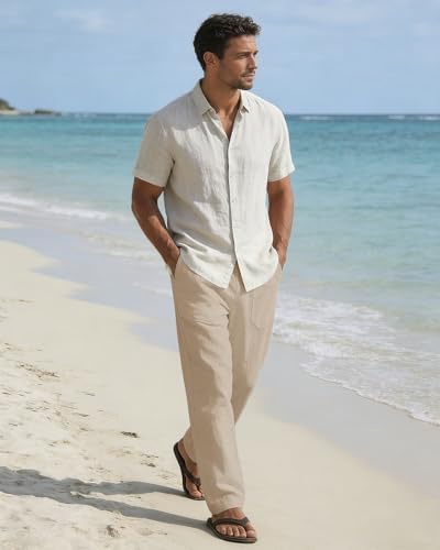 Men's Casual Linen Pants Summer Beach Trousers Loose Fit Straight-Legs Elastic Drawstring Waist Yoga Trousers