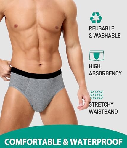 Men's Incontinence Underwear - Washable & Reusable Leakproof High Absorbent, Cotton, Briefs, 150ML 5 Pack (Multicolor01, Large)