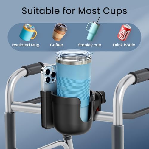 Guiseapue Cup Holder for Walker, Wheelchair Cup Holder with Phone Holder, Rollator Accessories for Seniors & Adults, Drink Holder for Rolling Walker, Wheelchair, Bike, Mobility Scooter, Stroller