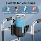 Guiseapue Cup Holder for Walker, Wheelchair Cup Holder with Phone Holder, Rollator Accessories for Seniors & Adults, Drink Holder for Rolling Walker, Wheelchair, Bike, Mobility Scooter, Stroller