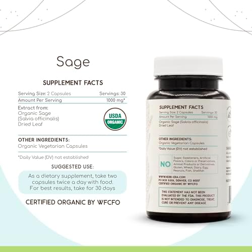 HerbEra Sage 60 Capsules, 500 mg, USDA Organic Sage (Salvia officinalis) Dried Leaf (60 Capsules)