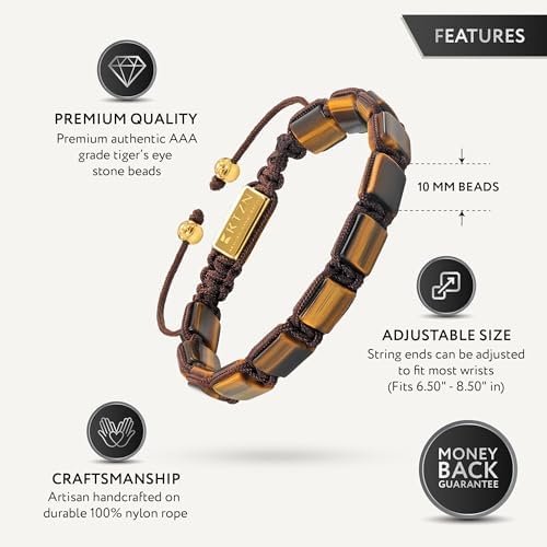 RTZN® Tigers Eye Bracelet for Men – Premium Artisan Handcrafted Golden Brown Tiger Eye Bead Bracelets – Natural Stone Tiger Eye Bracelet Men – Beaded Bracelets for Men