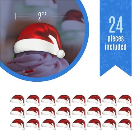 Sugar Robot Santa Hat Cupcake Toppers - Christmas Cake Decorations Edible - Christmas Cupcake Toppers - Cake Topper - Decoration Made in the USA - Premium Crafted - 24 Pcs Pack