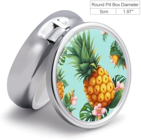 Tropical Pineapple Pill Organizer Round Pill Box Small Pill Case with 3 Compartment Travel Pill Container Portable Medicine Box Metal Medicine Organizer Medication Holder