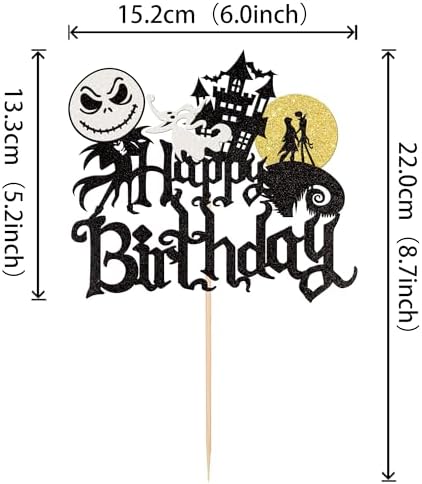 1 PCS Halloween Happy Birthday Cake Topper Glitter Jack and Sally Castle Ghost Halloween Cake Pick for Nightmare Theme Baby Shower Birthday Before Christmas Party Cake Decorations Supplies