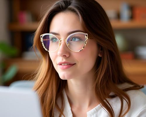HJSTES Blue Light Blocking Glasses Women Trendy Cat Eye Metal Frame Computer Reading Eyewear(Leopard)