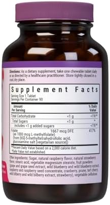 Bluebonnet EarthSweet Methylfolate 1000 mcg Cellular Active Coenzyme 5-MTHF L Methyl Folate Supplement - Prenatal & Energy Support - Non-GMO, Vegan, Gluten-Free - Raspberry - 90 Chewable Tablets